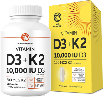 Nobi Nutrition Vitamin D3 K2 – 10,000 IU D3 + 200 mcg K2 (MK-7) – Bone, Immune & Calcium Utilisation Support – 60 Capsules
