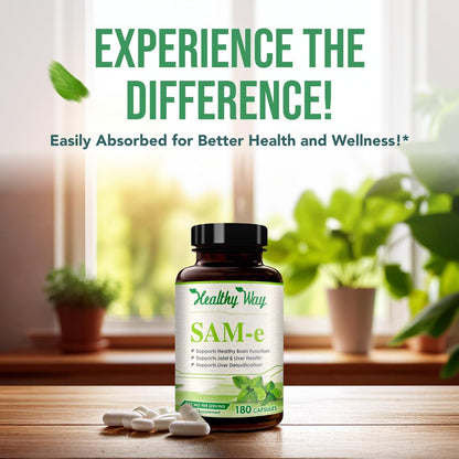 HealthyWayRx SAM-e 500mg Supplement – S-Adenosyl-L-Methionine for Brain, Liver & Mood Support – 180 Capsules