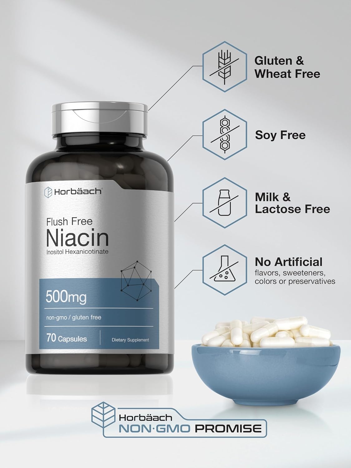 Horbaach Niacin 500mg Flush Free | 70 Capsules | Vitamin B3 Inositol Hexanicotinate | Non-GM and Gluten-free - görsel 5