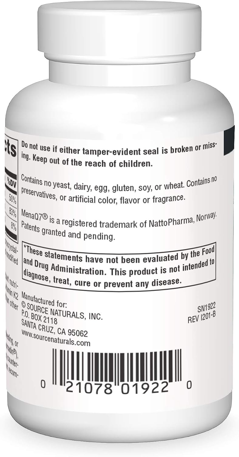 Source Naturals Vitamin K2 + D3 Bone & Heart Health Complex - 400 IU Vitamin D3 & 100 mcg Vitamin K2 (MK-7) with Calcium - 60 Tablets - görsel 2