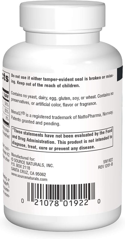 Source Naturals Vitamin K2 + D3 Bone & Heart Health Complex - 400 IU Vitamin D3 & 100 mcg Vitamin K2 (MK-7) with Calcium - 60 Tablets