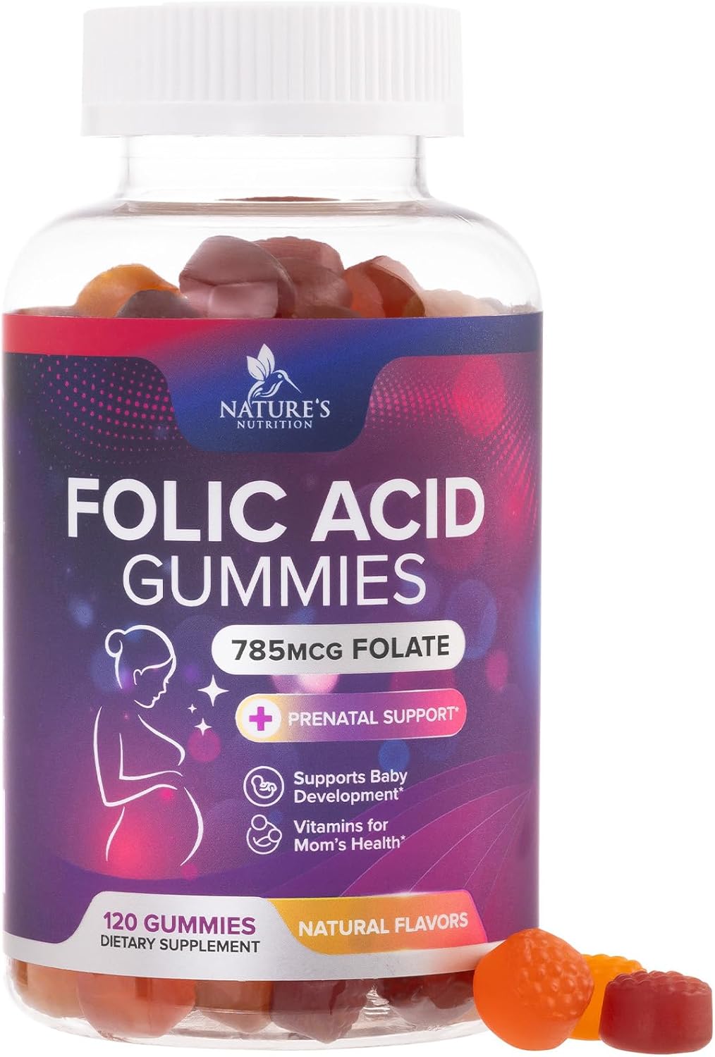 Folic Acid Gummies for Women – Prenatal Folate Supplement – Natural Orange & Cherry Flavour – 120 Gummies - görsel 1