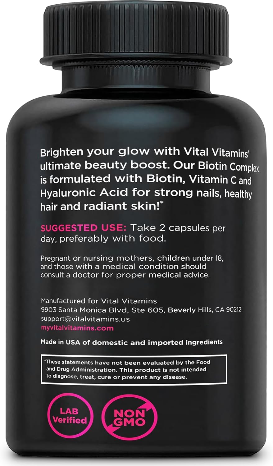 Vital Vitamins Biotin Complex Pills - with Hyaluronic Acid, MSM, Collagen, & Vitamin C - Supplement for Hair, Skin, & Nails - 60 Capsules - görsel 8
