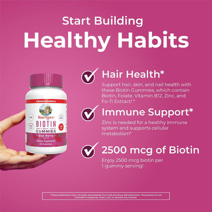 MARYRUTH'S Organics Biotin Gummies – Sugar Free, Vegan, 2500mcg for Hair, Skin & Nails – 60 Count
