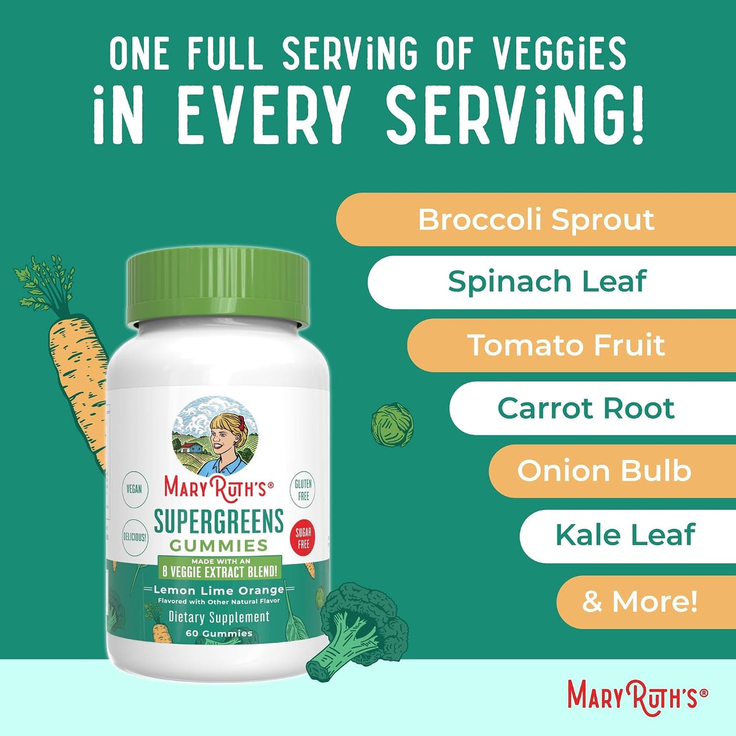 MaryRuth's Super Greens | Naturally-Occurring Quercetin | Spirulina | Broccoli Root | Kale Leaf | Sugar-Free Gummies for Adults and Kids Ages 4+ | 2g Fibre | Vegan | 60 Gummies - görsel 8