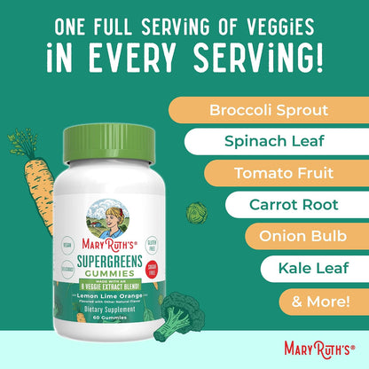 MaryRuth's Super Greens | Naturally-Occurring Quercetin | Spirulina | Broccoli Root | Kale Leaf | Sugar-Free Gummies for Adults and Kids Ages 4+ | 2g Fibre | Vegan | 60 Gummies