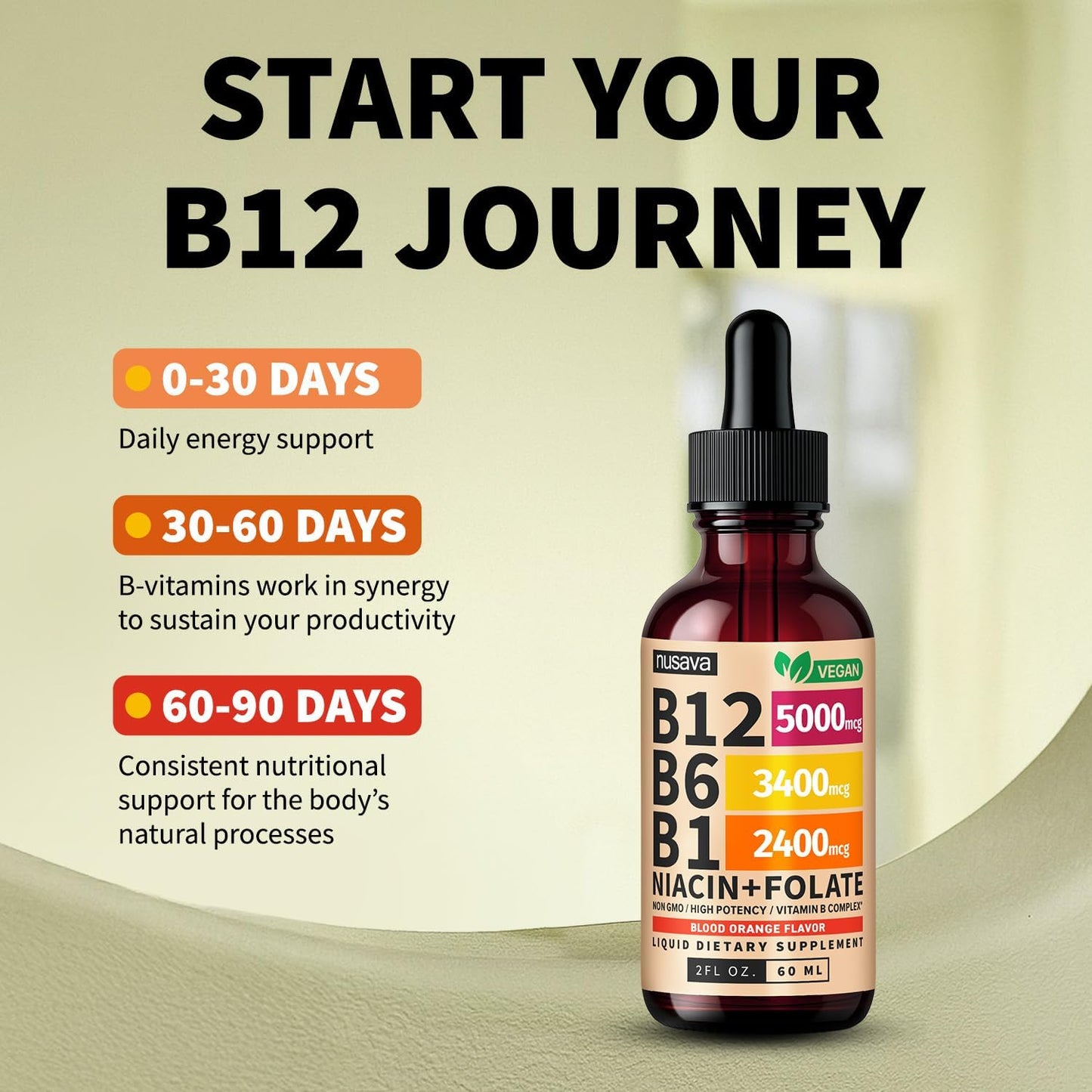 NUSAVA Vitamin B1 (Thiamine) & B12 Liquid Drops – Sublingual Methylcobalamin B Complex – Vegan, Non-GMO, Gluten-free – Crimson Orange (2-Pack, 60 ml each) - görsel 4