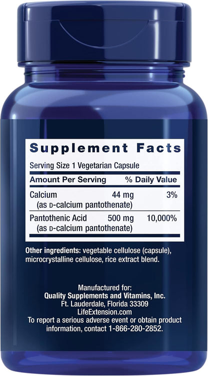 Life Extension Pantothenic Acid 500 mg, Vitamin B5 with Calcium, 100 Capsules