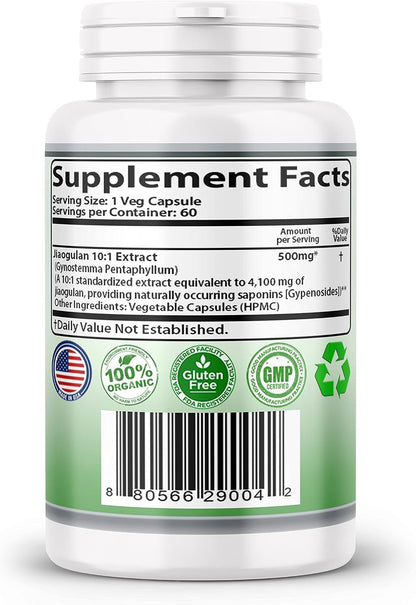 Jiaogulan 10:1 Extract Capsules – Gynostemma Pentaphyllum Adaptogen Supplement, Vegan, Non-GMO, 60 Vegan Capsules