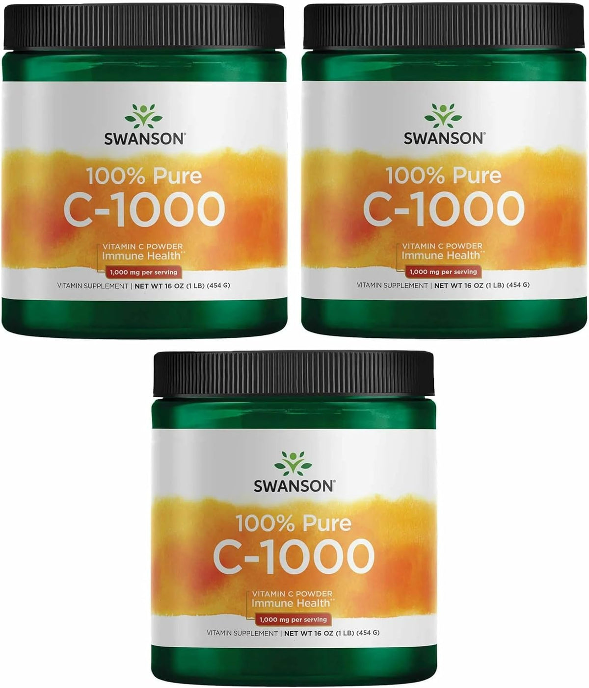 Swanson Vitamin C Powder 100% Pure Ascorbic Acid, for Normal Immune Function, Skin Health, and Antioxidant Protection, 1000 mg per Serving, 1 lb (454 g) 3-Pack - görsel 1