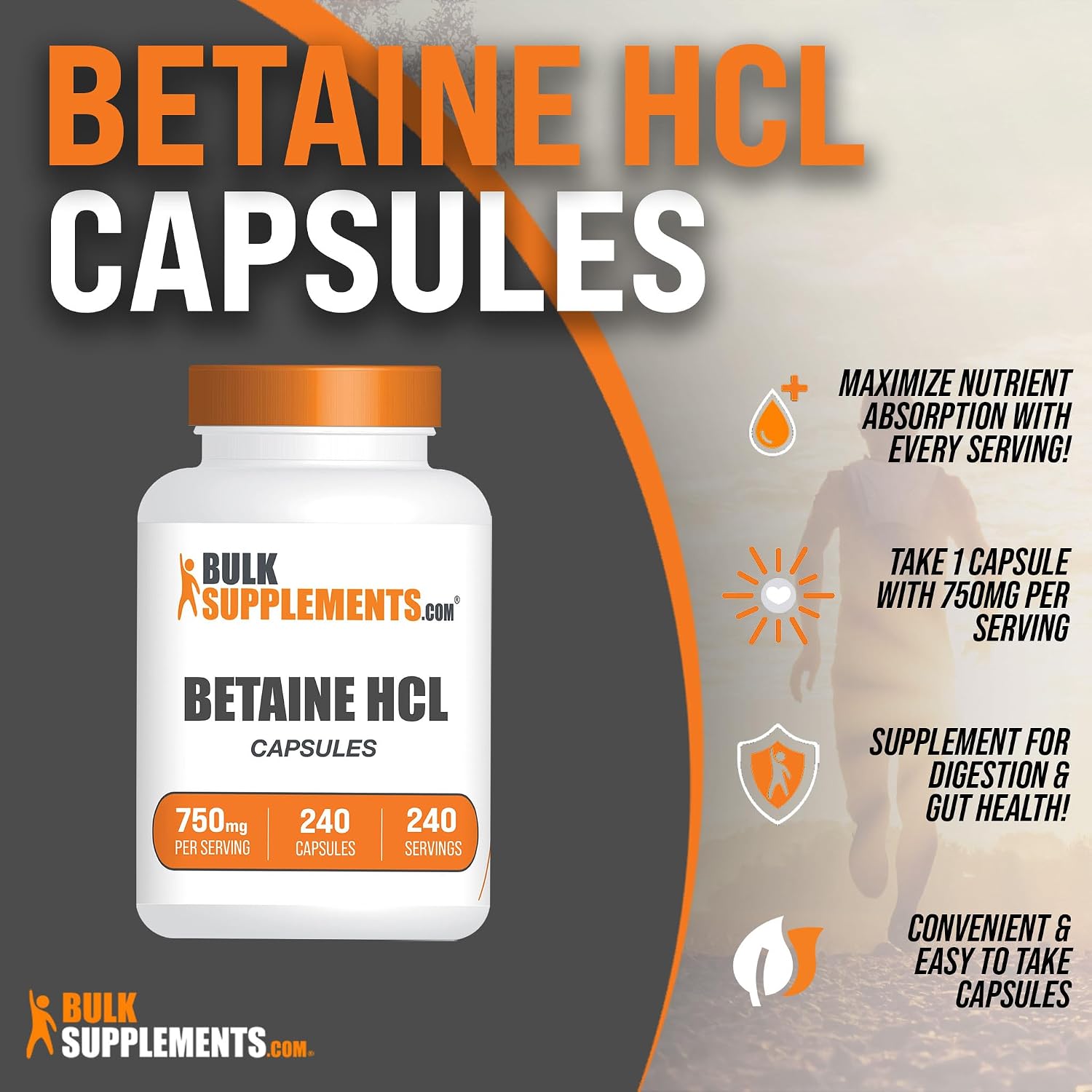 BulkSupplements.com Betaine HCl Capsules - Betaine Hydrochloride Supplement for Digestive Support, 750mg, 240 Capsules - görsel 3