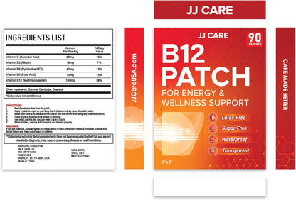 JJ CARE B12 Patches (Pack of 90) - Transdermal Vitamin B12 for Energy Support, 3-Month Supply