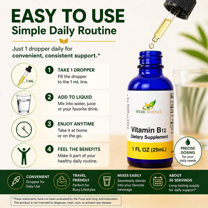 Herb-Science Liquid Vitamin B12 – Cold-Pressed Cyanocobalamin Sublingual Drops, Vegan, Alcohol-Free, 1 fl oz