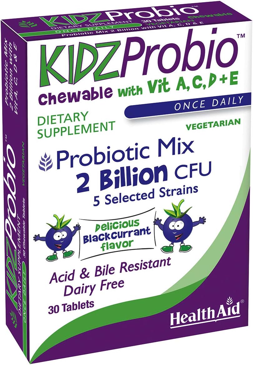 HealthAid KidzProbio Chewable Probiotic for Kids – 2 Billion CFU, 5 Strains + Prebiotic & Vitamins A, C, D & E – Supports Digestive & Immune Health – Blackcurrant Flavour, 30 Daily Tablets - görsel 1