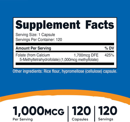 Nutricost Methylfolate 1000 mcg, 120 Vegetarian Capsules – Gluten-Free, Non-GMO (Active Folate)