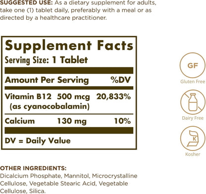 Solgar Vitamin B-12 500mcg Tablets, 100 Tablets