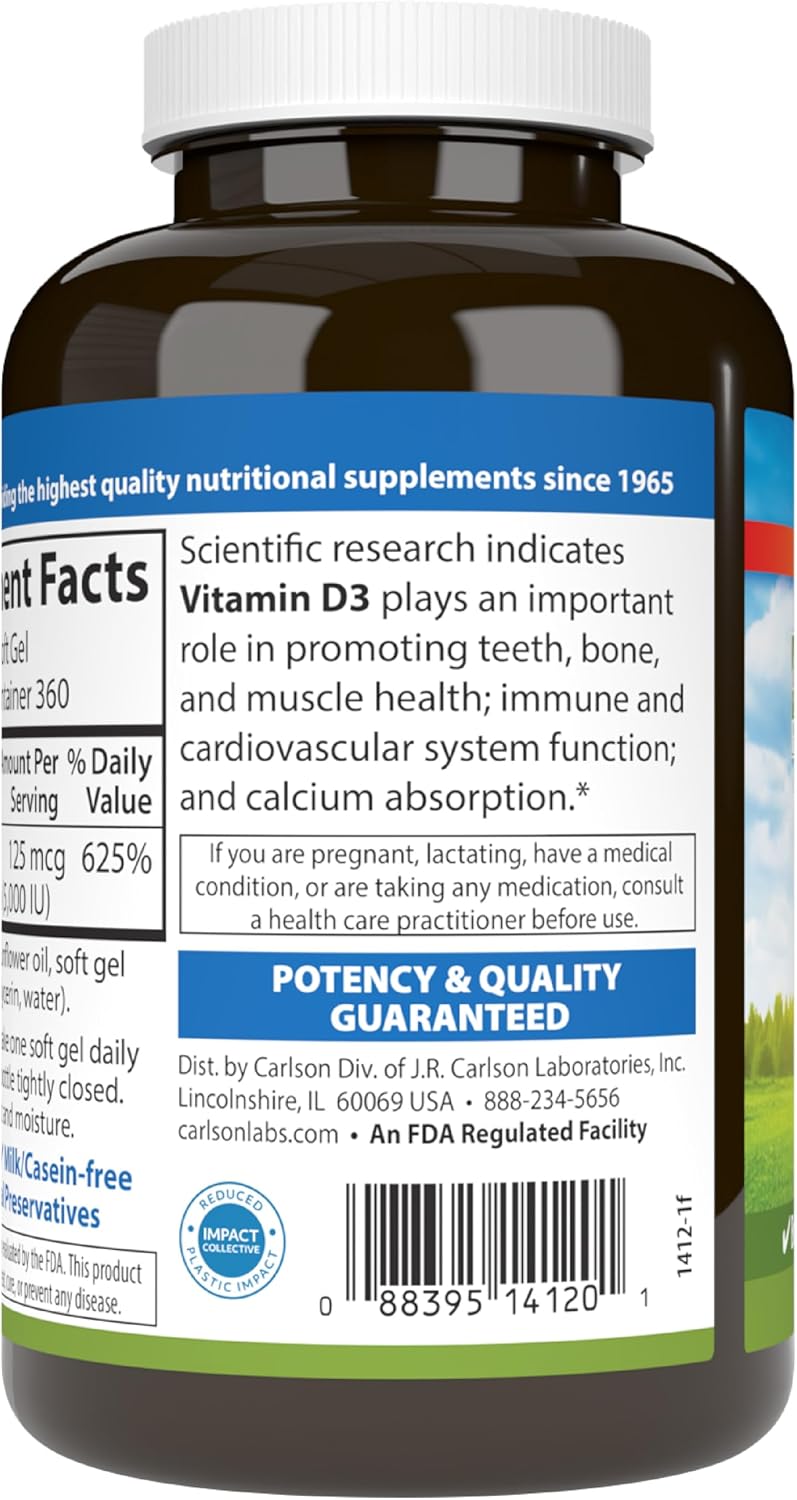Carlson Vitamin D3 5000 IU (125 mcg) Softgels – 360 count - görsel 9