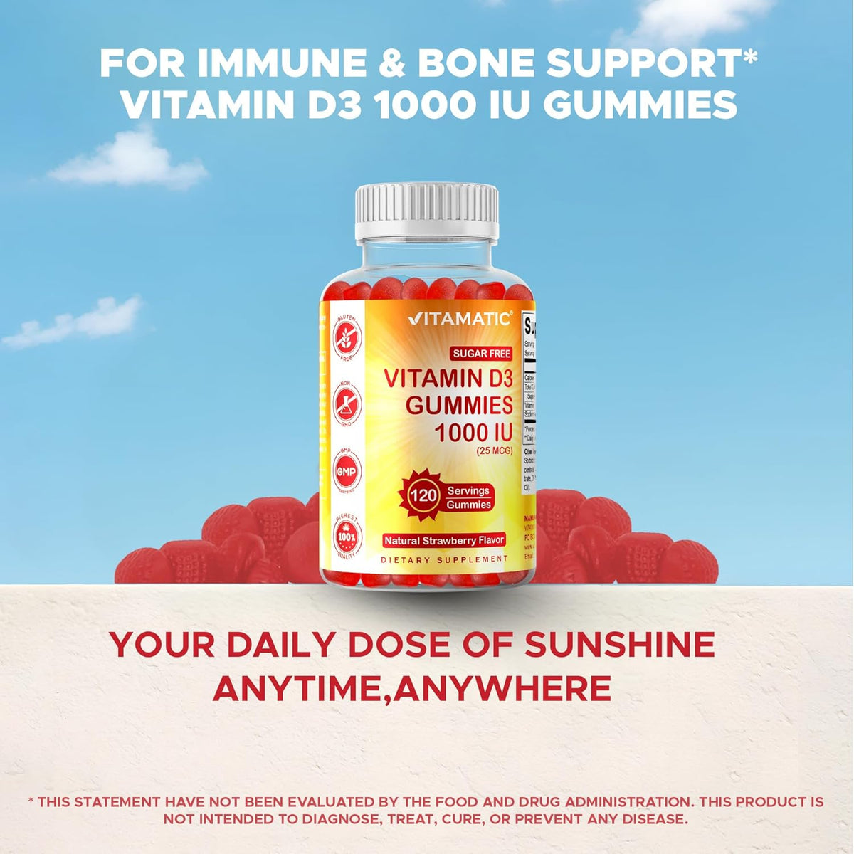 Vitamatic Sugar Free Vitamin D3 Gummies - 1000 IU - Pectin Based - Non-GMO - 120 Gummies - görsel 4