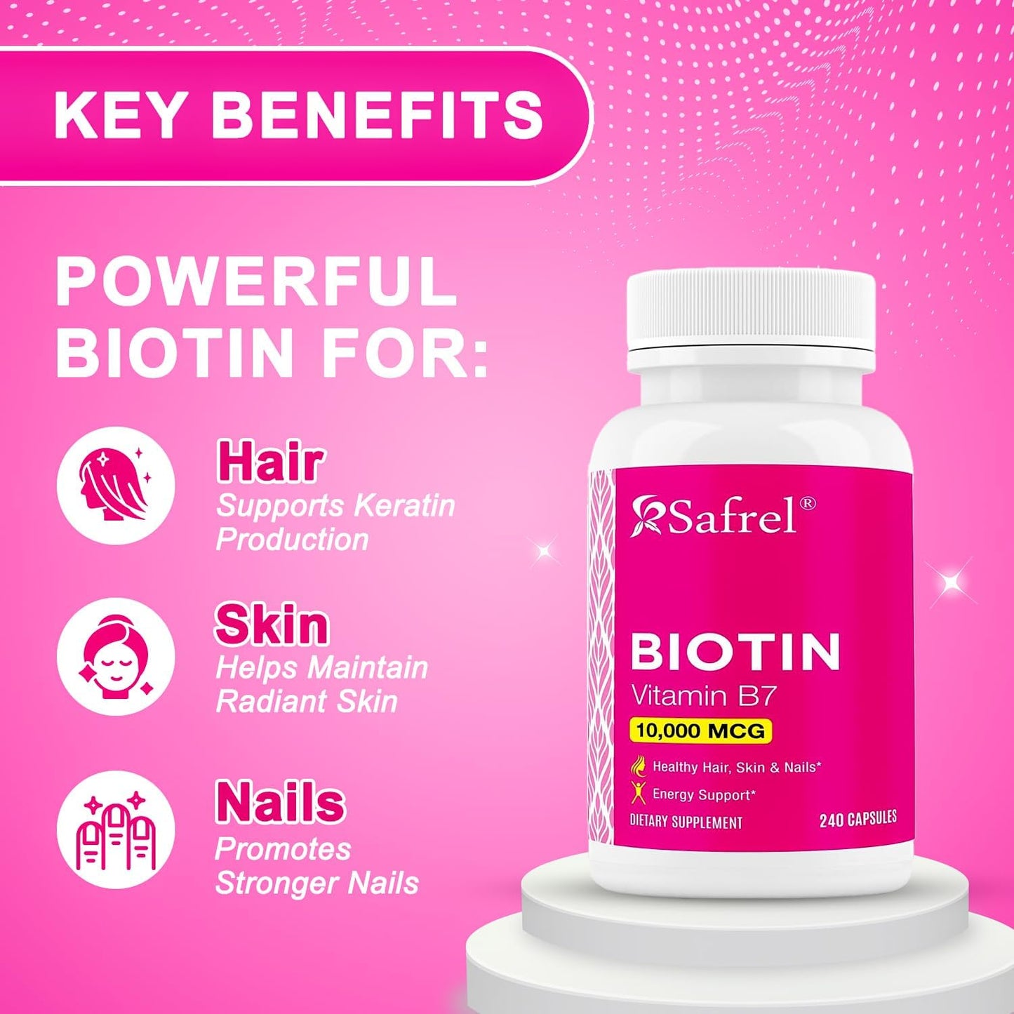 Safrel Biotin 10,000µg (10mg) Supplement, 240 Capsules – Vegetarian, Gluten-free, Non-GM - görsel 2