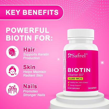 Safrel Biotin 10,000µg (10mg) Supplement, 240 Capsules – Vegetarian, Gluten-free, Non-GM