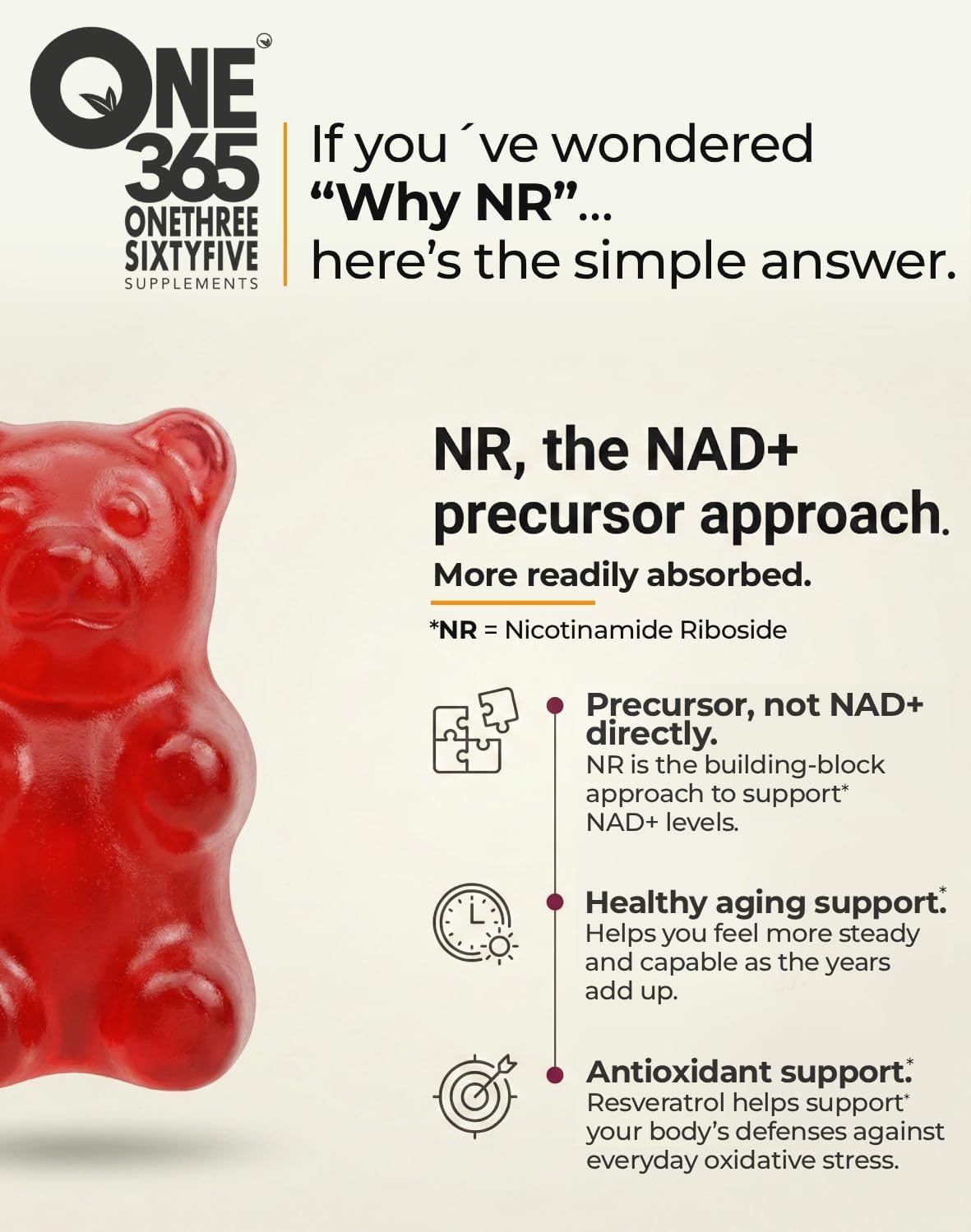 ONE 365 NAD+ Supplement Gummies with Nicotinamide Riboside and Resveratrol (1500 mg NR, 600 mg Resveratrol) - Vegan, Non-GMO, Gluten-free Cellular Energy and Healthy Ageing Support for Men and Women - görsel 3
