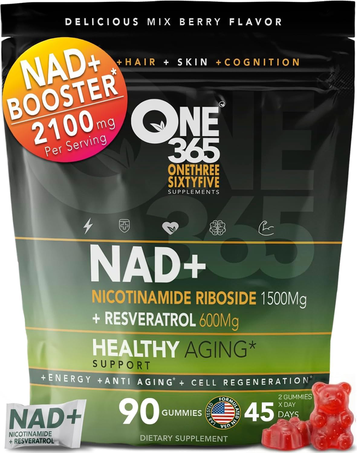 ONE 365 NAD+ Supplement Gummies with Nicotinamide Riboside and Resveratrol (1500 mg NR, 600 mg Resveratrol) - Vegan, Non-GMO, Gluten-free Cellular Energy and Healthy Ageing Support for Men and Women - görsel 1