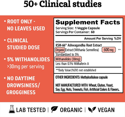Ashwagandha KSM-66 Organic – KSM-66 Ashwagandha 600mg Root Extract Full Spectrum Capsules | Standardised 5% Withanolides