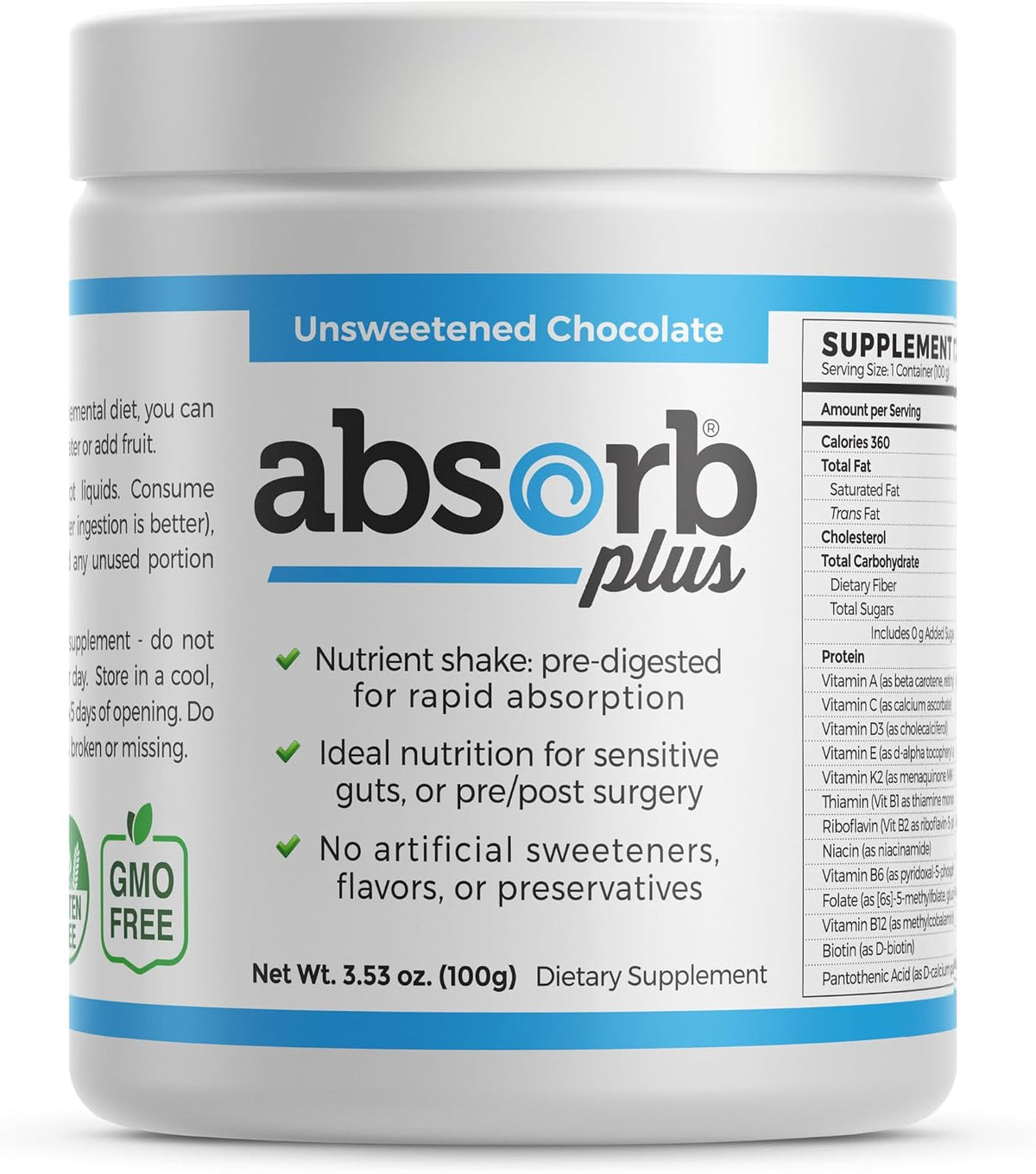 Absorb Plus Isolate Protein - Nutritional Supplement for Gentle Digestion, Extra Nutritional Support, Non-GMO, Gluten-Free, Lactose-Free, Casein-Free (100 g, Unsweetened Chocolate) - görsel 1