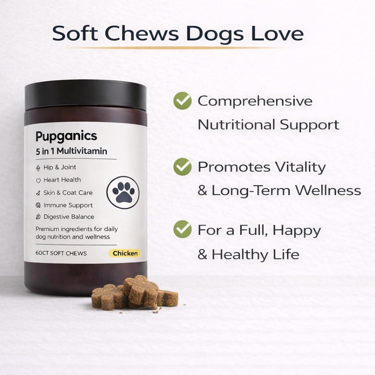 Pupganics Multivitamin Soft Chews for Dog, Dog Vitamins and Supplements for Immune System, Joint Support, Skin, Gut Health, with Probiotics, Glucosamine, Vitamin A/D3/E, Chicken Flavour, 60 Count (1) - görsel 4
