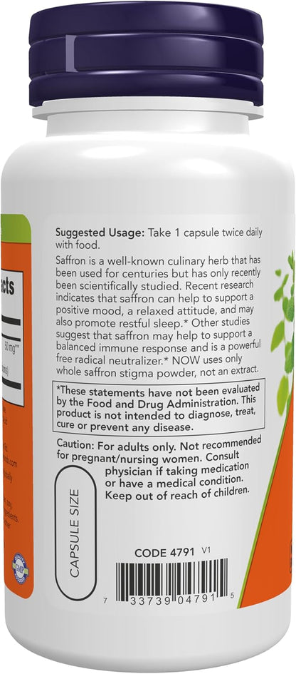 NOW Foods Saffron Whole Herb 50 mg with 10% Crocins, 60 Veg Capsules