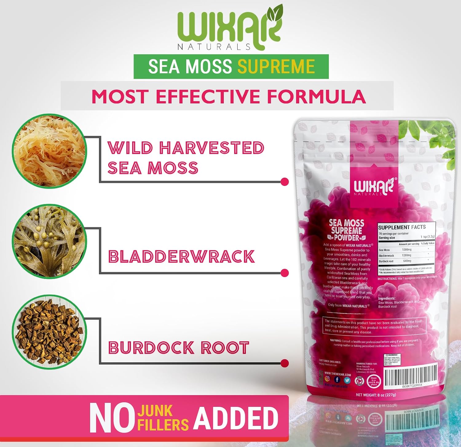 Wixar Wildcrafted Sea Moss Powder – Irish Moss, Bladderwrack & Burdock Root, 227 g - görsel 5