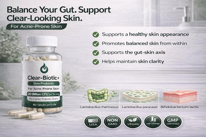 Clear-Biotic Acne Capsules – Probiotic Acne Supplements for Teens and Adults, Hormonal Acne Vitamins, Gut Health for Clear Skin, Non-GMO (60 Capsules)