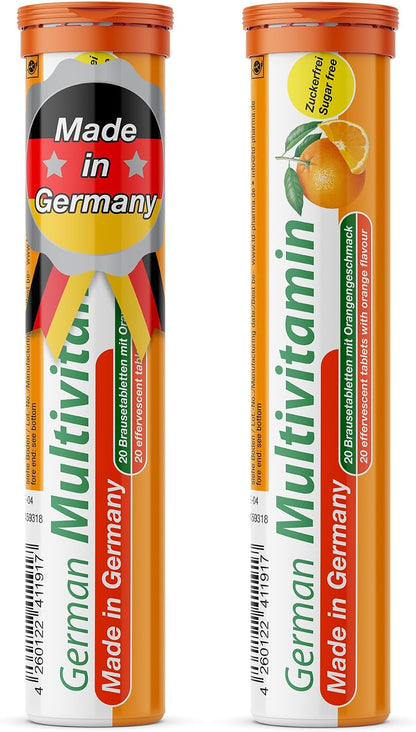 T&D German Multivitamin 10 Vitamins - 40 Vegan Drink Effervescent Tablets - Orange Flavour - Made in Germany