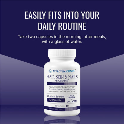 Approved Science Hair, Skin and Nails Supplement - Biotin, Collagen, Vitamin B Complex, Silica, BioPerine (60 Capsules)