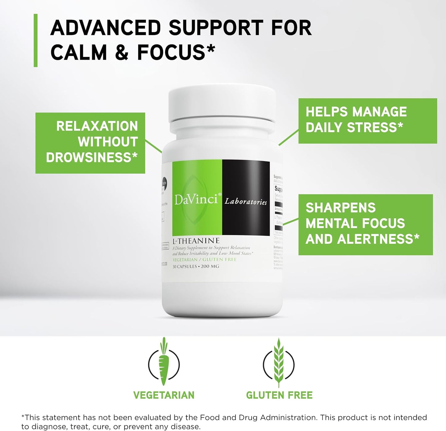 DAVINCI Labs L-Theanine 200 mg - 30 Vegetarian Capsules - görsel 3
