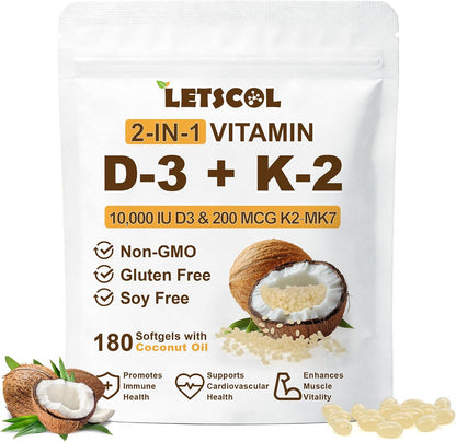 LETSCOL 2-in-1 Vitamin D3 K2 Soft gel capsules - 10000 IU D3 & 200 mcg K2 MK-7
