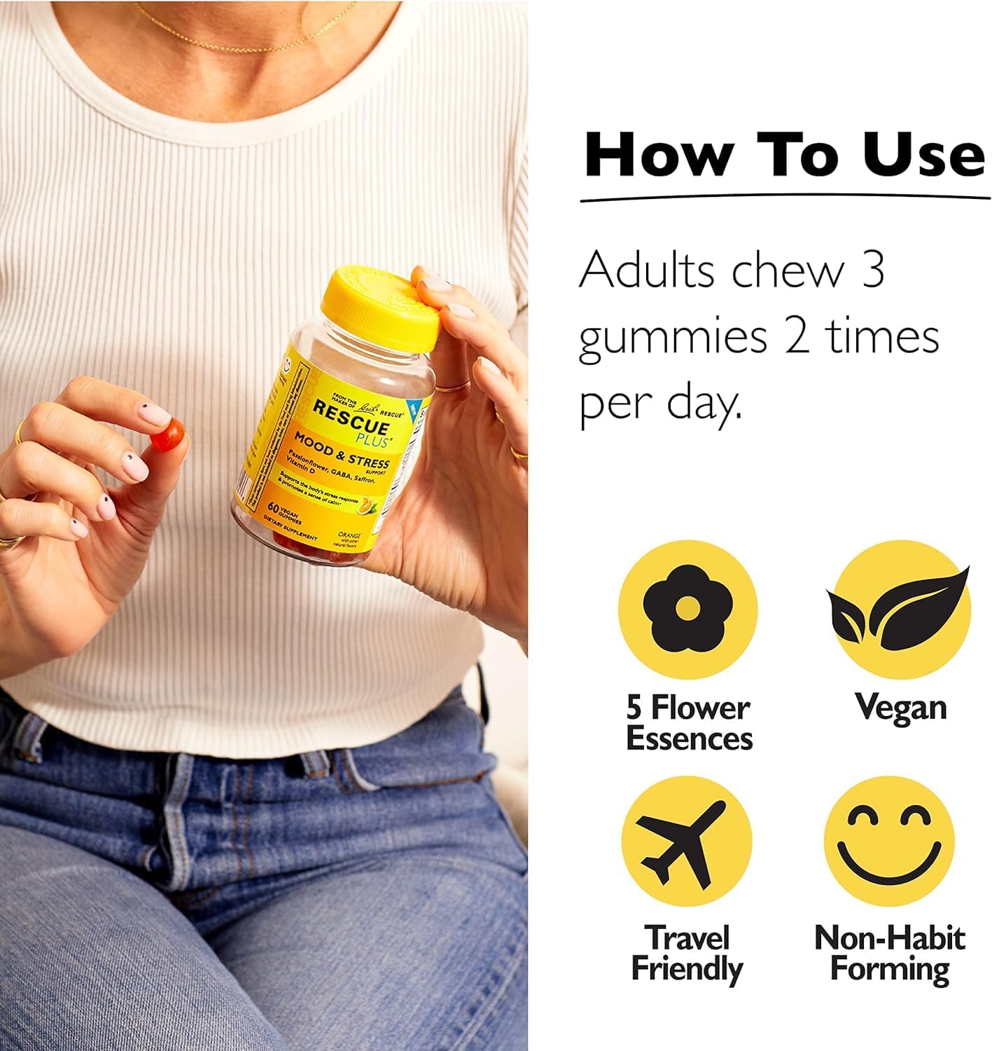 RESCUE Bach Plus Mood & Stress Support Gummies – Daytime Dietary Supplement with Passionflower, GABA, Saffron & Vitamin D, Natural Orange Flavour, Vegan & Gluten-Free (3 Pack, 180 Gummies) - görsel 4