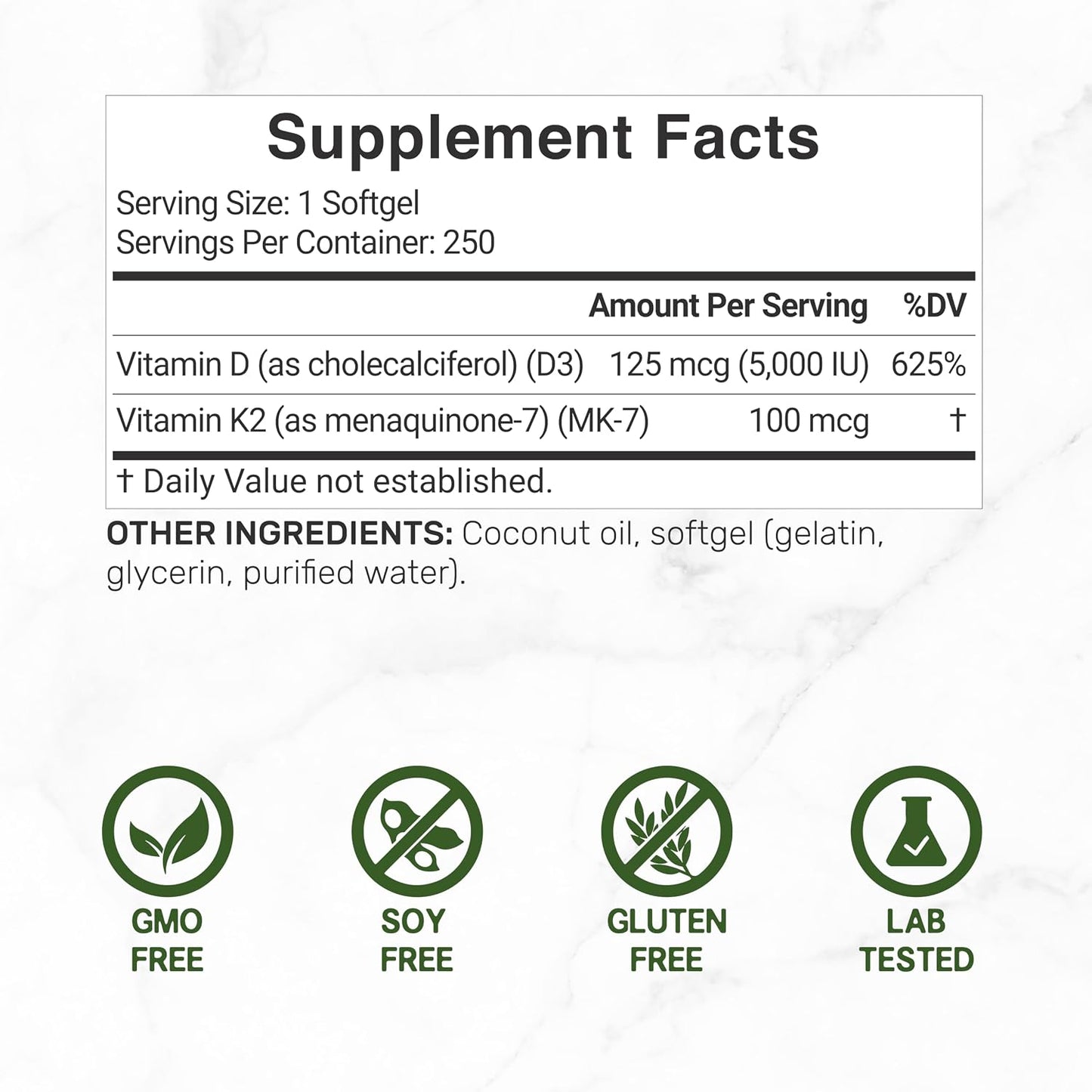 DEAL SUPPLEMENT Vitamin D3 5,000 IU + K2 MK7 100mcg Soft gel capsules | 2-in-1 Complex with Virgin Coconut Oil | Supports Heart, Bone, Teeth & Immune Health | Easy to Swallow - görsel 2