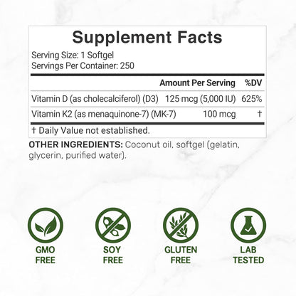 DEAL SUPPLEMENT Vitamin D3 5,000 IU + K2 MK7 100mcg Soft gel capsules | 2-in-1 Complex with Virgin Coconut Oil | Supports Heart, Bone, Teeth & Immune Health | Easy to Swallow