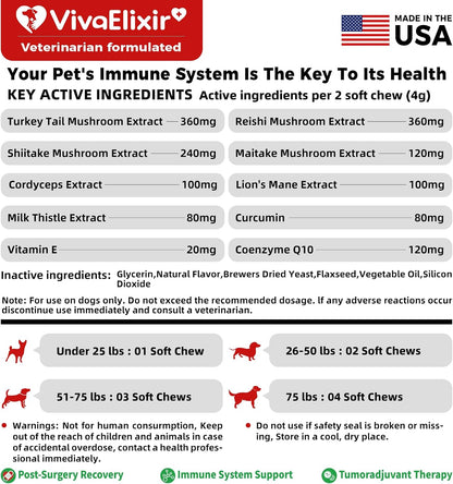 VivaElixir Dog Lumps and Bumps Supplement - Immune Support Chews with Turkey Tail Mushroom, Reishi, Shiitake, Maitake, Curcumin & CoQ10 - Veterinary Formulated - 150 Chews
