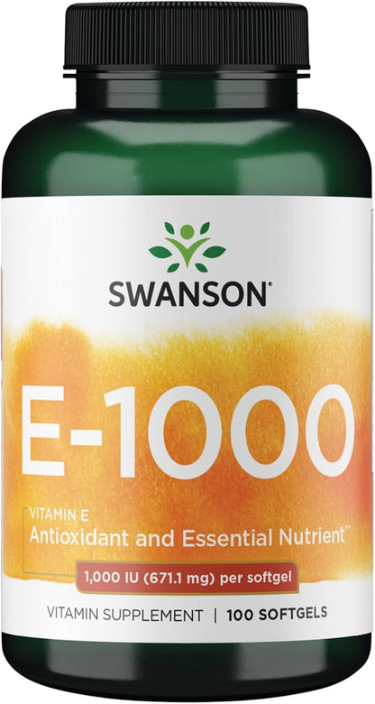 Swanson Vitamin E - Natural Vitamin Food Supplement Supporting Cell Protection - Natural Formula Delivering Essential D-Alpha Tocopherols - (100 Soft gel capsule Capsules, 1000 IU Each) (2 Pack)