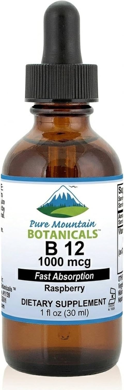 Pure Mountain Botanicals B12 1000 mcg - B12 Complex - Natural Berry Flavour - 30 Servings - Liquid Drops Vitamin - Kosher Supplement - görsel 1