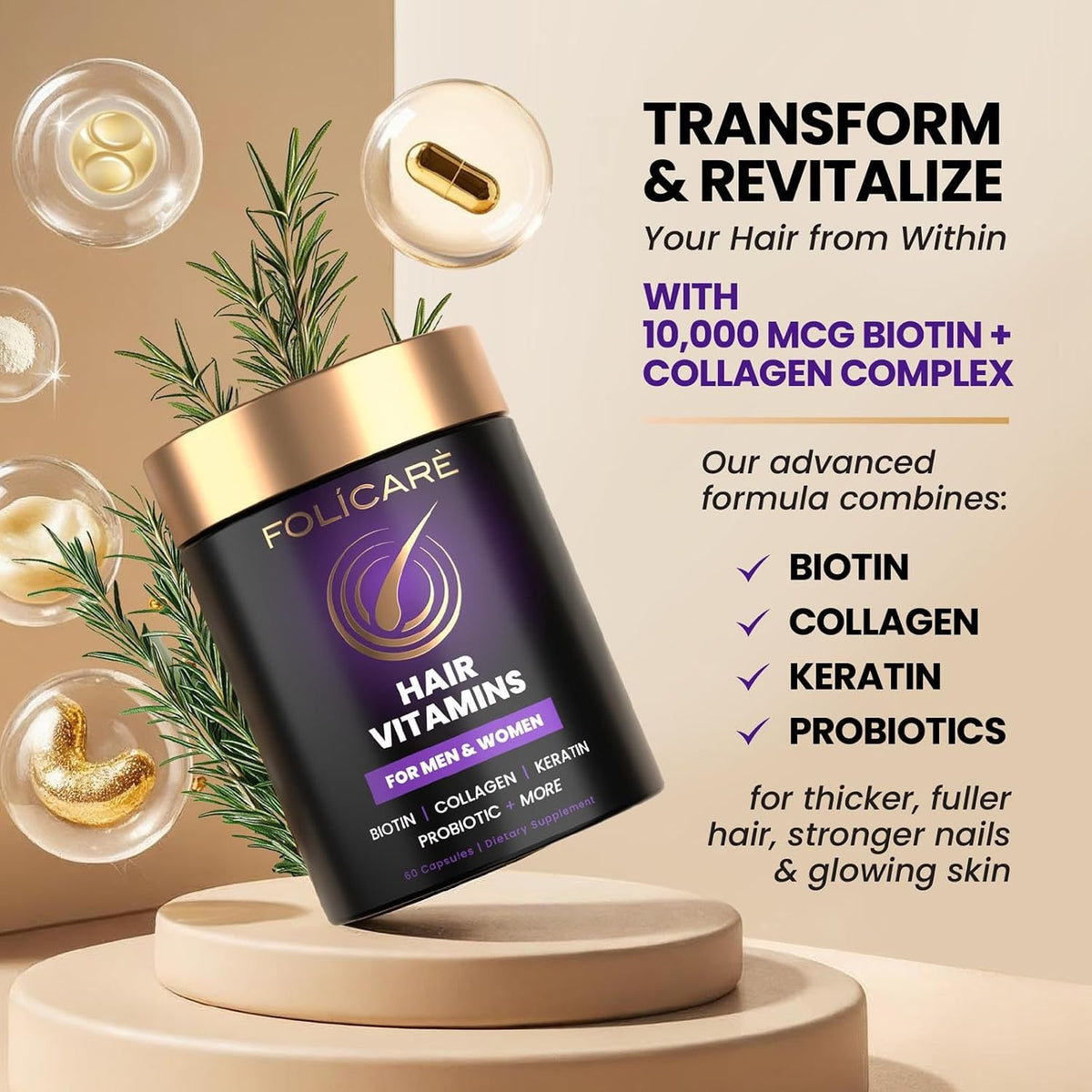 Biotin Hair Growth Supplement with Collagen, Keratin and Probiotics – Hair Growth Support, Skin & Nails Supplement for Men and Women – Made in USA (1 Pack) - görsel 3