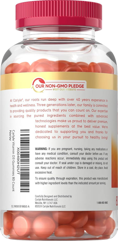 Carlyle Vitamin D3 10000 IU Gummies for Adults - 80 Count, Peach Flavoured, High Potency, Vegetarian, Non-GMO, Gluten-free