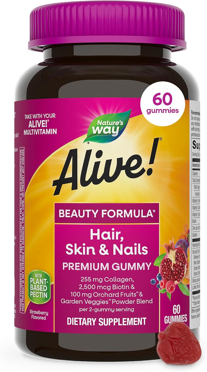 Nature's Way Alive! Premium Hair, Skin & Nails Gummies with Biotin, Collagen, Vitamins C & E, Strawberry, 60 Count - görsel 1