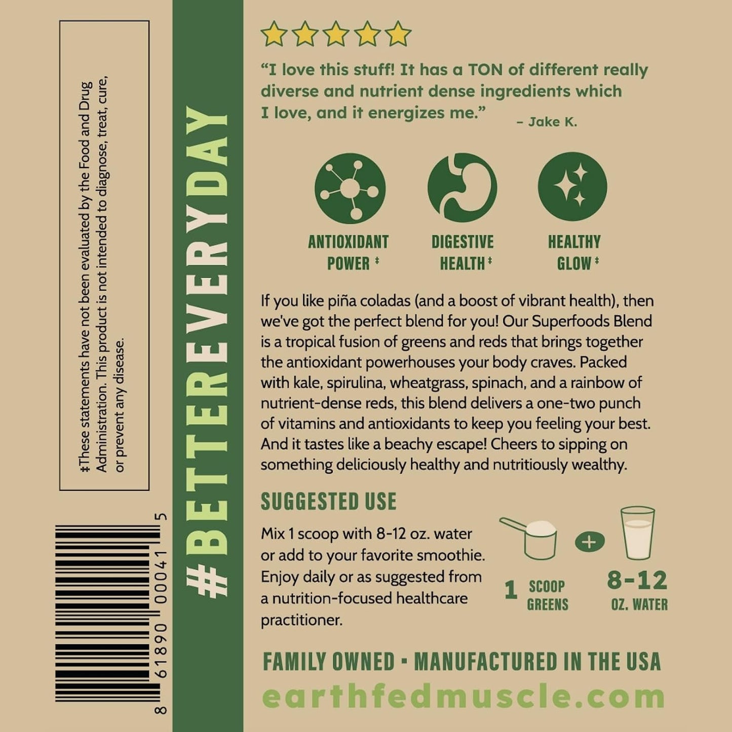 Earth Fed Muscle Greens and Reds Superfoods Blend, Piña Colada - görsel 8