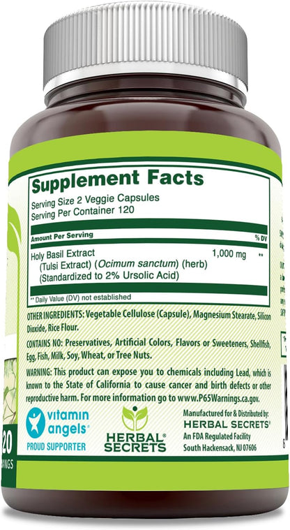 Herbal Secrets Holy Basil Supplement | 1000 mg Per Serving | 240 Veggie Capsules | Non-GMO | Gluten-free | Made in USA
