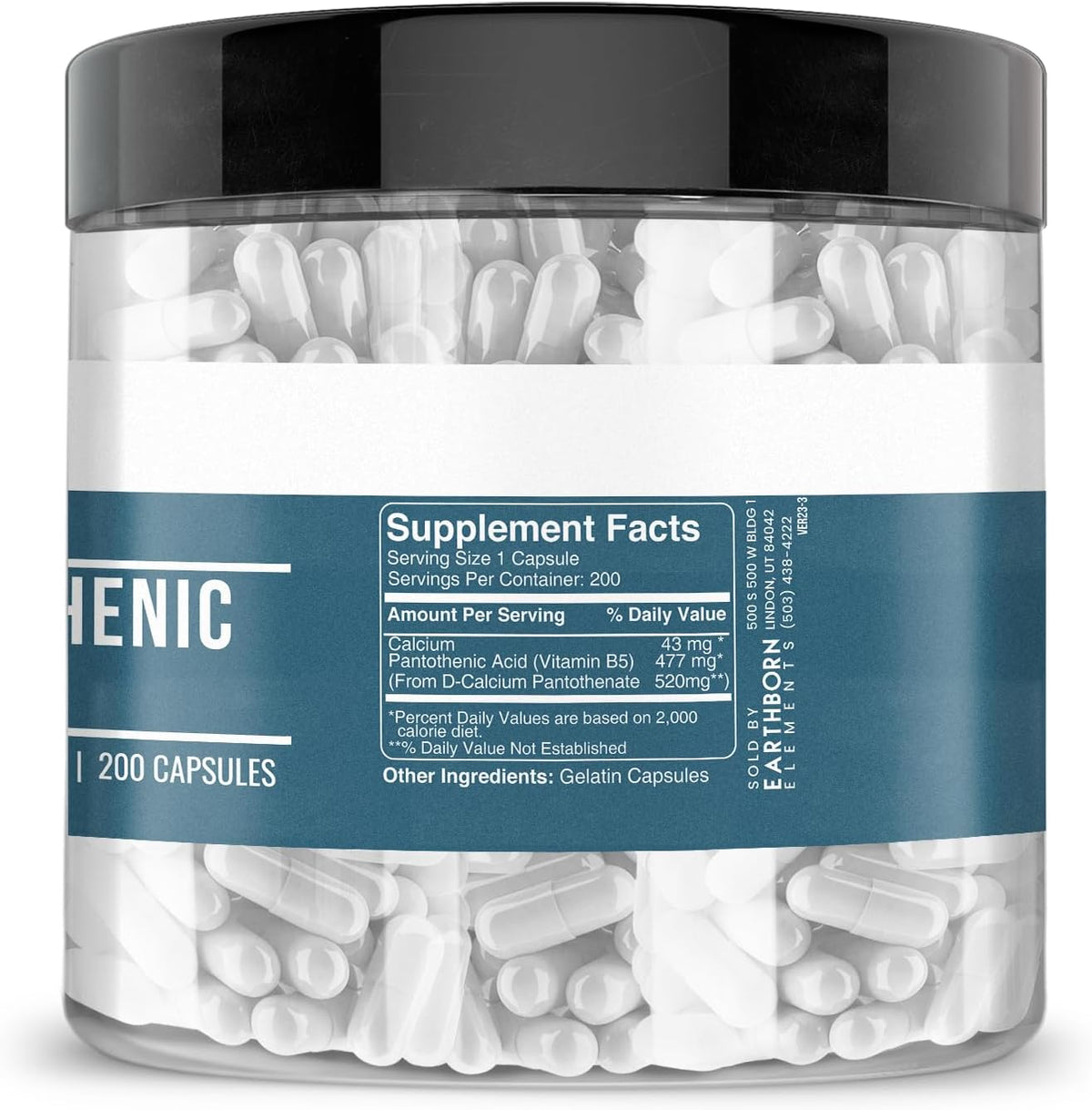 Earthborn Elements Pantothenic Acid (Vitamin B5) - 200 Capsules, Pure & Undiluted - görsel 3