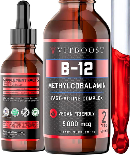VITBOOST Vegan Liquid B-12 Drops – 5000 mcg Methylcobalamin, Raspberry Flavour, Sublingual, 60 Servings