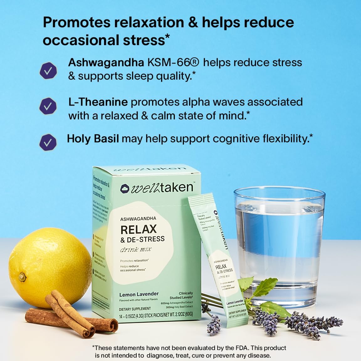 Ashwagandha Relax & De-stress Powder - Lemon Lavender 14ct Box - 600mg Ashwagandha, 200mg L-Theanine, Holy Basil – L-theanine for relaxation – Vegan, No Added Sugar - görsel 2